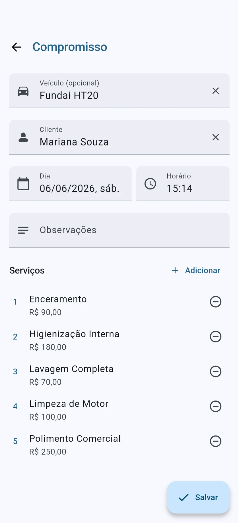 Tela de agendamentos do CarClean