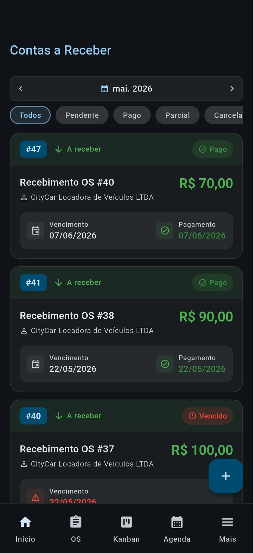 Listagem de contas a receber no CarClean