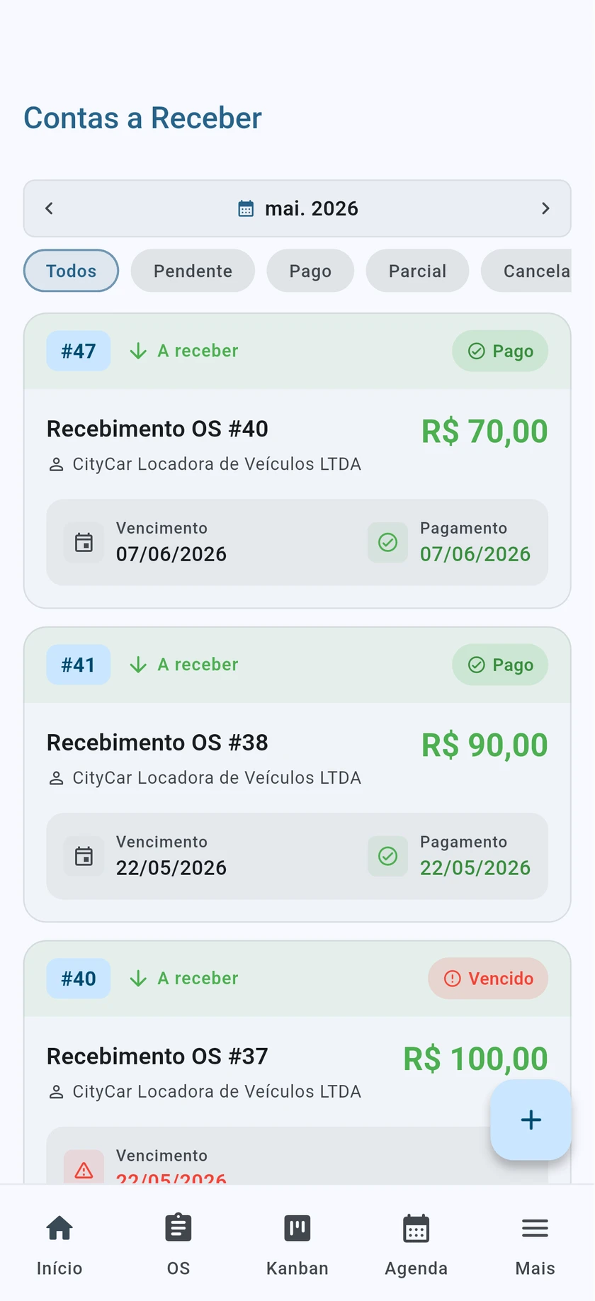 Listagem de contas a receber no CarClean