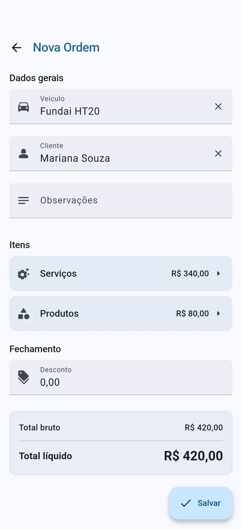 Lançamento de ordem de serviço no CarClean